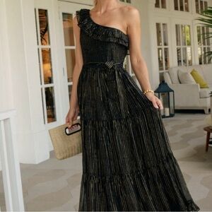 Cabana Life Black Metallic Ruffle One Shoulder Maxi Dress